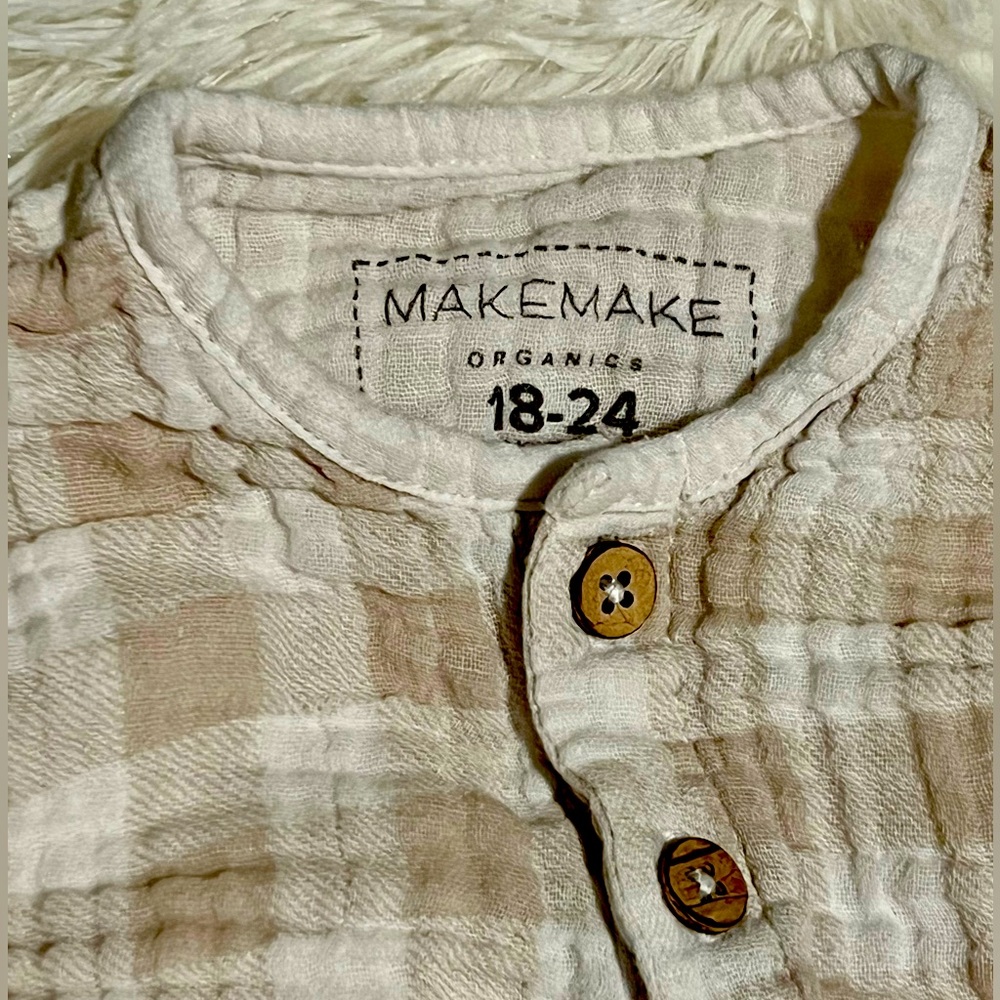 MakeMake  Organics Organic Cotton Bubble Romper, size 18-24 M in neutral plaid